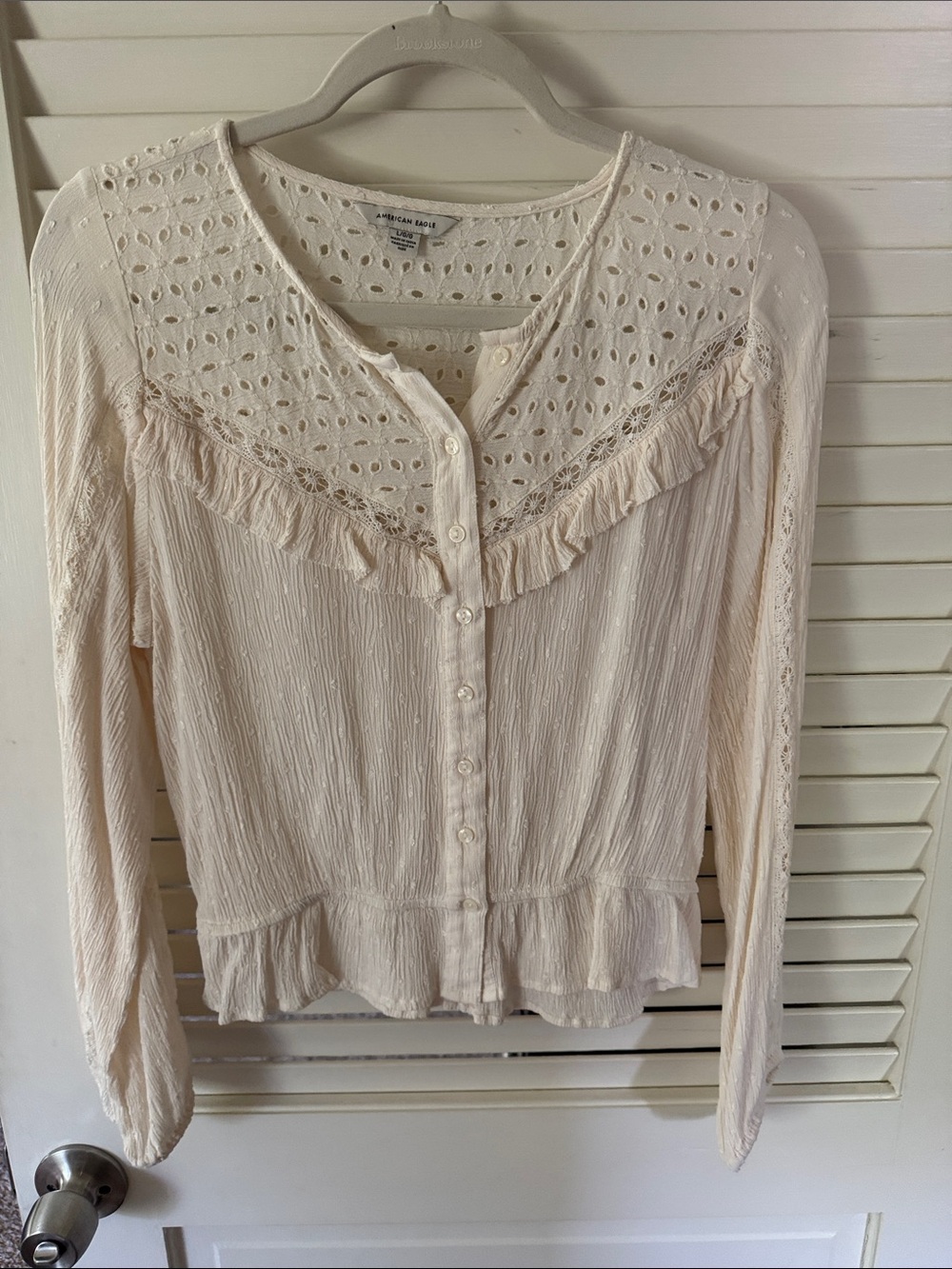 American Eagle Outfitters Light Cream Eyelet Ruffle Button-Front Blouse